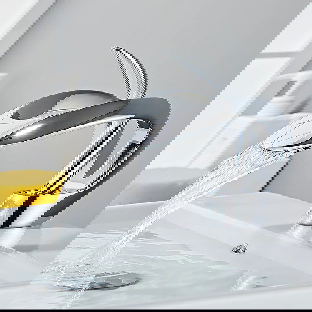 Modern Elegant Waterfall Bathroom Basin Tap Single Lever Handle Solid Brass - 