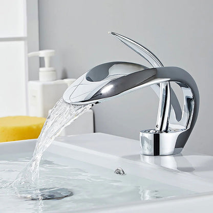 Modern Elegant Waterfall Bathroom Basin Tap Single Lever Handle Solid Brass - 