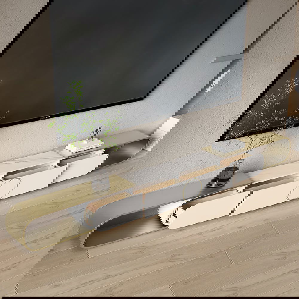 Modern Extendable Oval Metal TV Stand with 4 Drawers in Gold & White for TV up to 2600mm - 