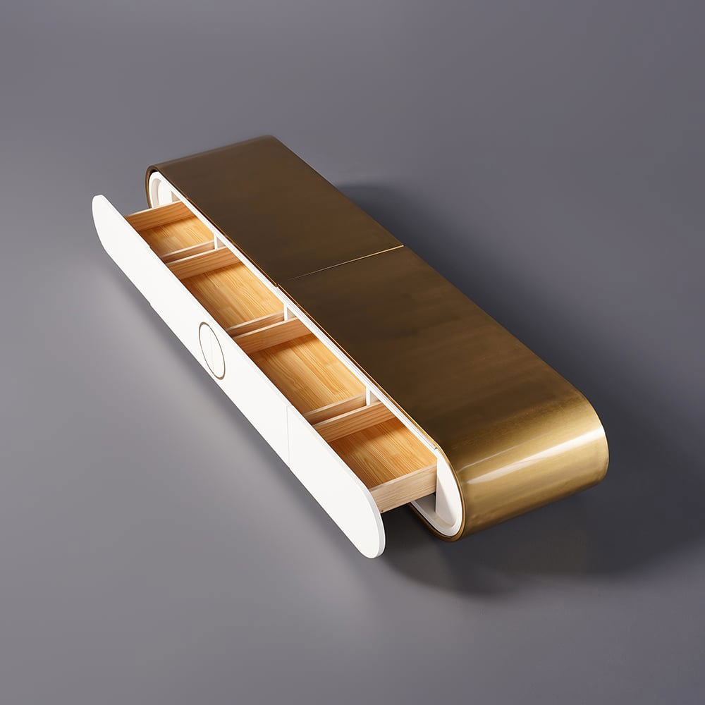 Modern Extendable Oval Metal TV Stand with 4 Drawers in Gold & White for TV up to 2600mm - 