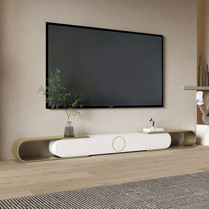 Modern Extendable Oval Metal TV Stand with 4 Drawers in Gold & White for TV up to 2600mm - Approved By Design