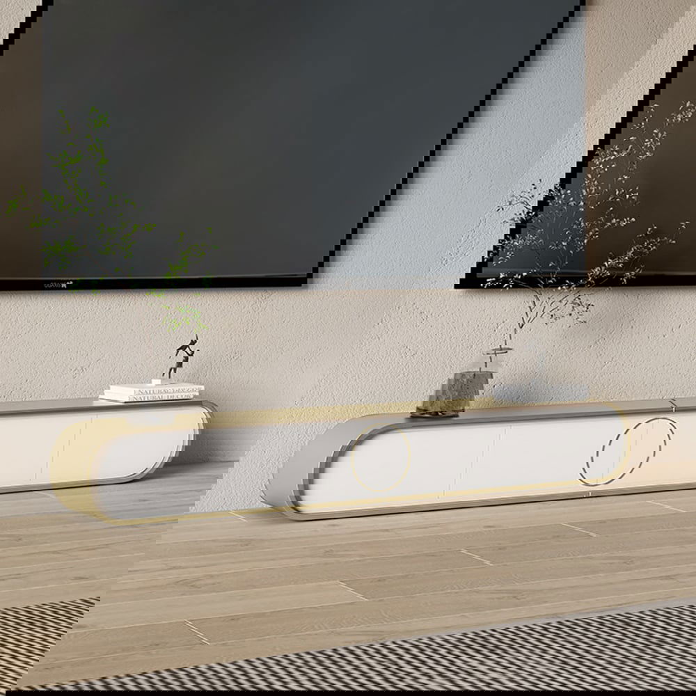 Modern Extendable Oval Metal TV Stand with 4 Drawers in Gold & White for TV up to 2600mm - Approved By Design