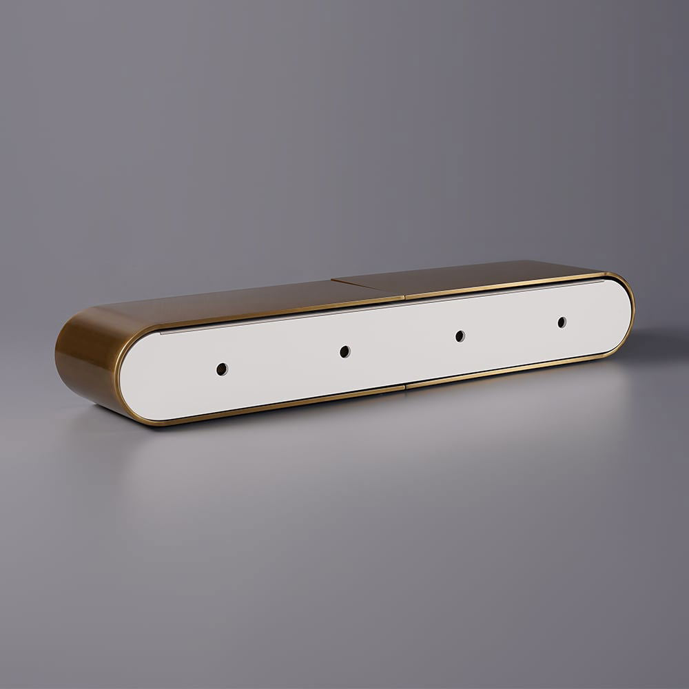Modern Extendable Oval Metal TV Stand with 4 Drawers in Gold & White for TV up to 2600mm - Approved By Design