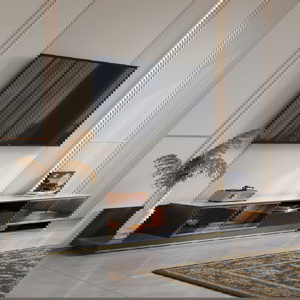 Modern Extendable TV Stand Glass Door Media Console with LED Light & Drawer - 