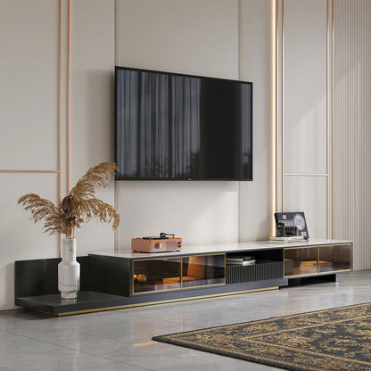 Modern Extendable TV Stand Glass Door Media Console with LED Light & Drawer - 