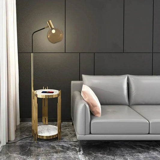 Modern Floor Lamp End Table with Glass Shade, Wireless Charger & USB Port - Homary