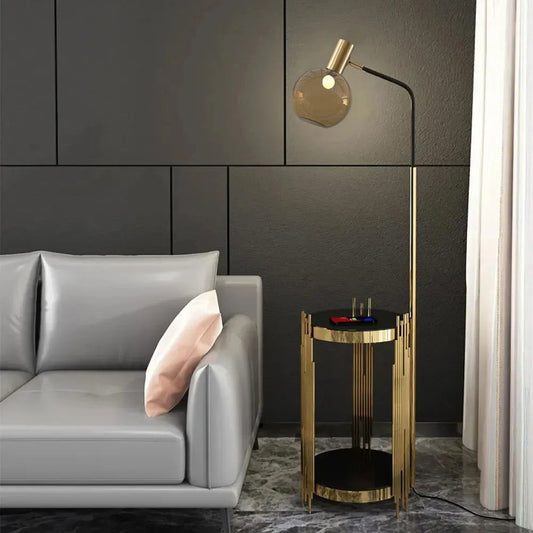 Modern Floor Lamp End Table with Glass Shade, Wireless Charger & USB Port - Homary