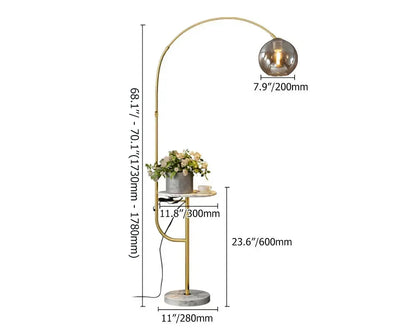 Modern Gold Arc Floor Lamp for Living Room with Shelf & Wireless Charger & USB - 