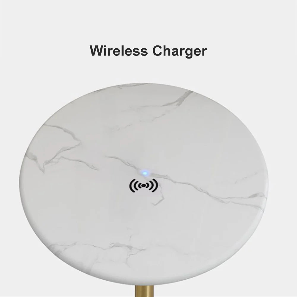 Modern Gold Arc Floor Lamp for Living Room with Shelf & Wireless Charger & USB - 