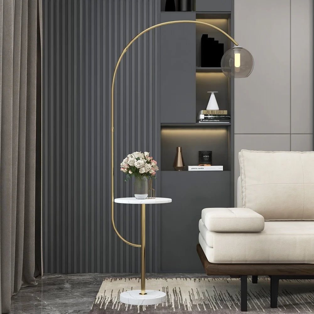 Modern Gold Arc Floor Lamp for Living Room with Shelf & Wireless Charger & USB - 