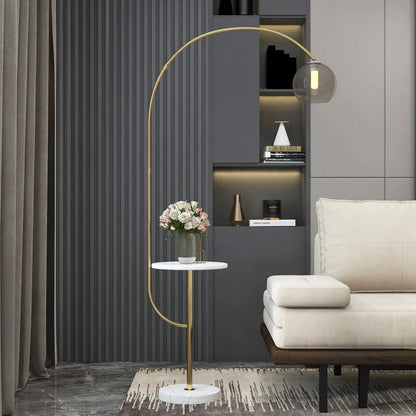Modern Gold Arc Floor Lamp for Living Room with Shelf & Wireless Charger & USB - 