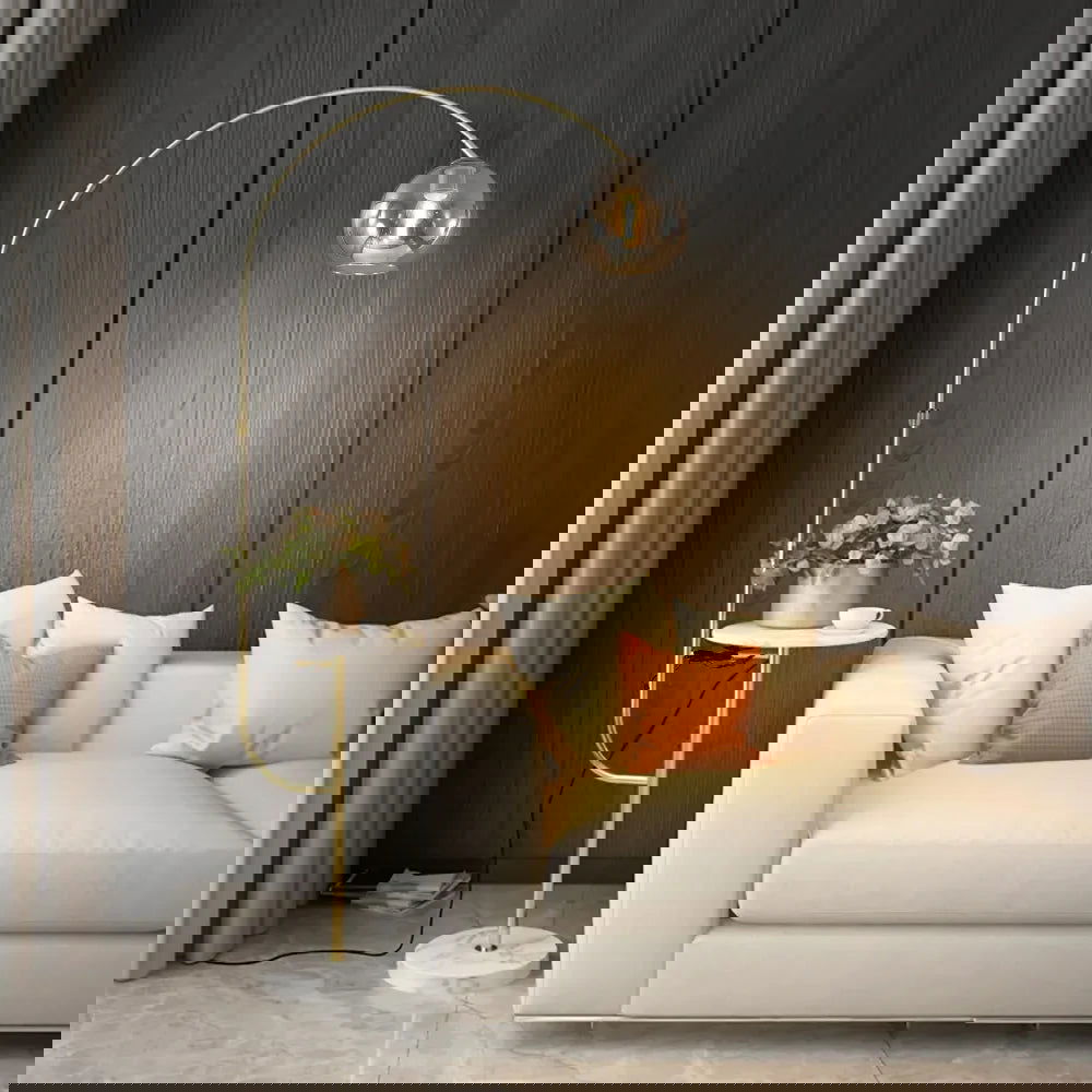 Modern Gold Arc Floor Lamp for Living Room with Shelf & Wireless Charger & USB - Homary