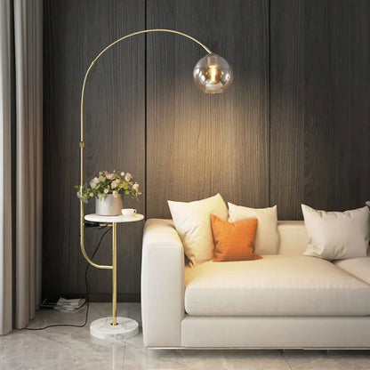 Modern Gold Arc Floor Lamp for Living Room with Shelf & Wireless Charger & USB - Homary