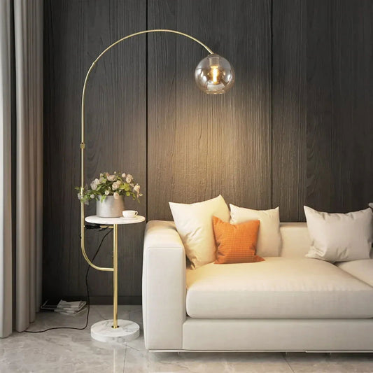 Modern Gold Arc Floor Lamp for Living Room with Shelf & Wireless Charger & USB - Homary