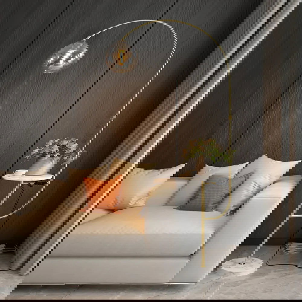 Modern Gold Arc Floor Lamp for Living Room with Shelf & Wireless Charger & USB - Homary