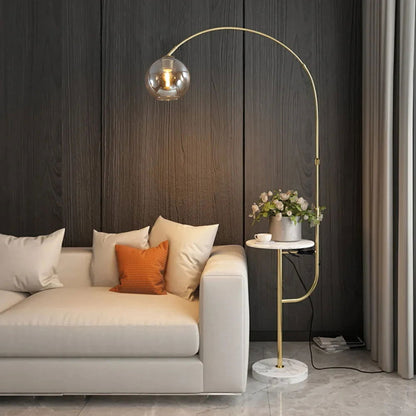 Modern Gold Arc Floor Lamp for Living Room with Shelf & Wireless Charger & USB - Homary