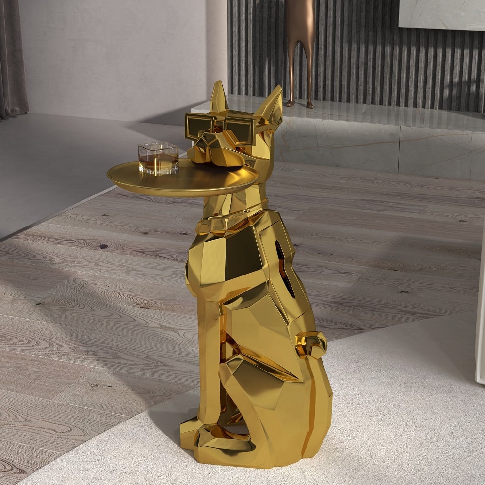 Modern Gold Resin Dog Sculpture Cute End Side Table with Metal Storage Tray Tissue Box - 