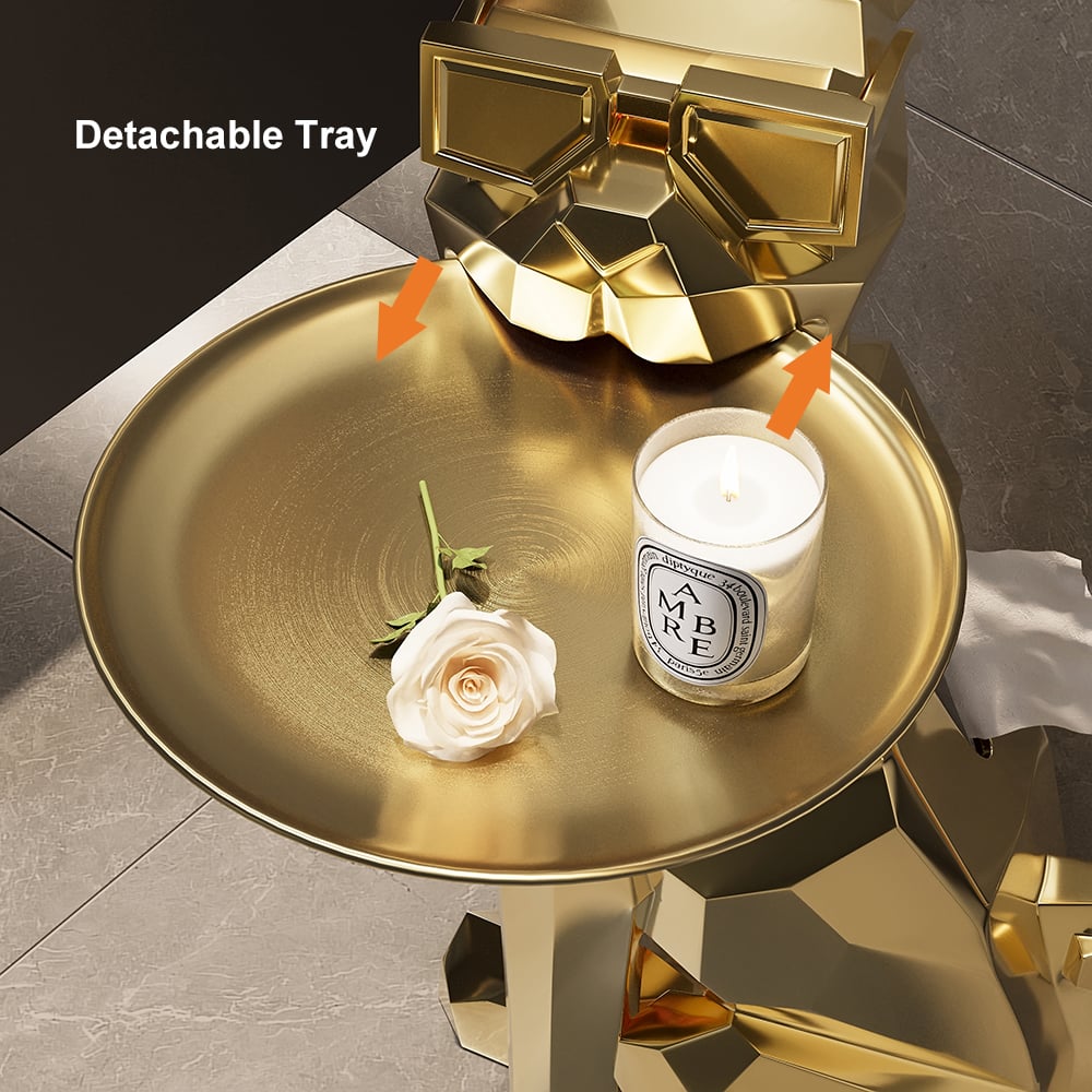 Modern Gold Resin Dog Sculpture Cute End Side Table with Metal Storage Tray Tissue Box - 