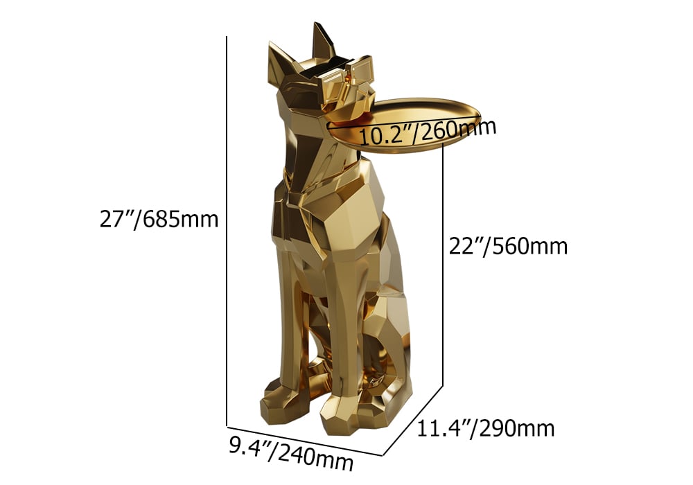 Modern Gold Resin Dog Sculpture Cute End Side Table with Metal Storage Tray Tissue Box - 