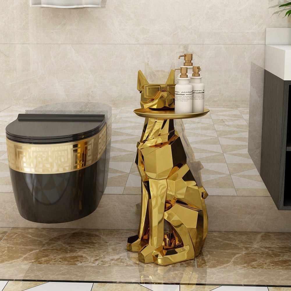 Modern Gold Resin Dog Sculpture Cute End Side Table with Metal Storage Tray Tissue Box - 