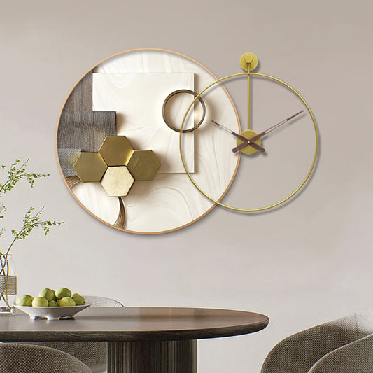 Modern Gold Round Wall Clock Canvas Painting Decor Art with Wood Pointer Aluminium Frame - Homary