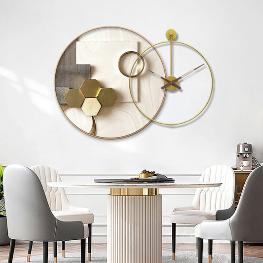 Modern Gold Round Wall Clock Canvas Painting Decor Art with Wood Pointer Aluminium Frame - Homary