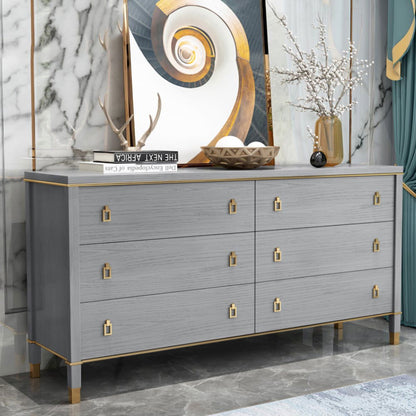 Modern Gray Dresser Chest of 6 Drawers Cabinet in Gold - 