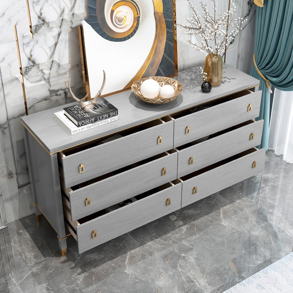 Modern Gray Dresser Chest of 6 Drawers Cabinet in Gold - 