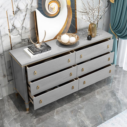 Modern Gray Dresser Chest of 6 Drawers Cabinet in Gold - 