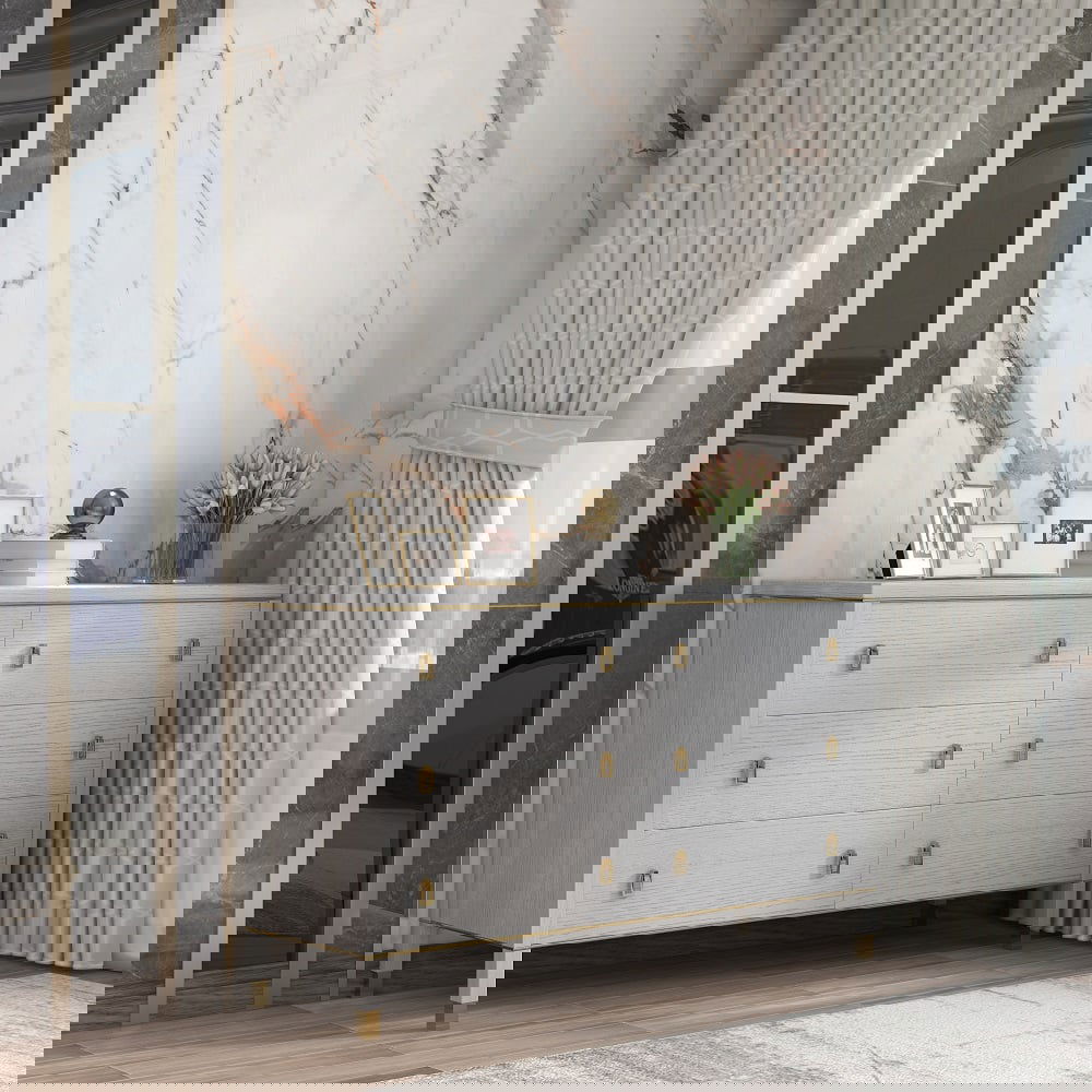 Modern Gray Dresser Chest of 6 Drawers Cabinet in Gold - 