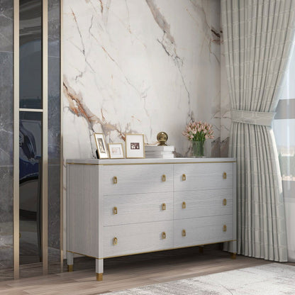 Modern Gray Dresser Chest of 6 Drawers Cabinet in Gold - 