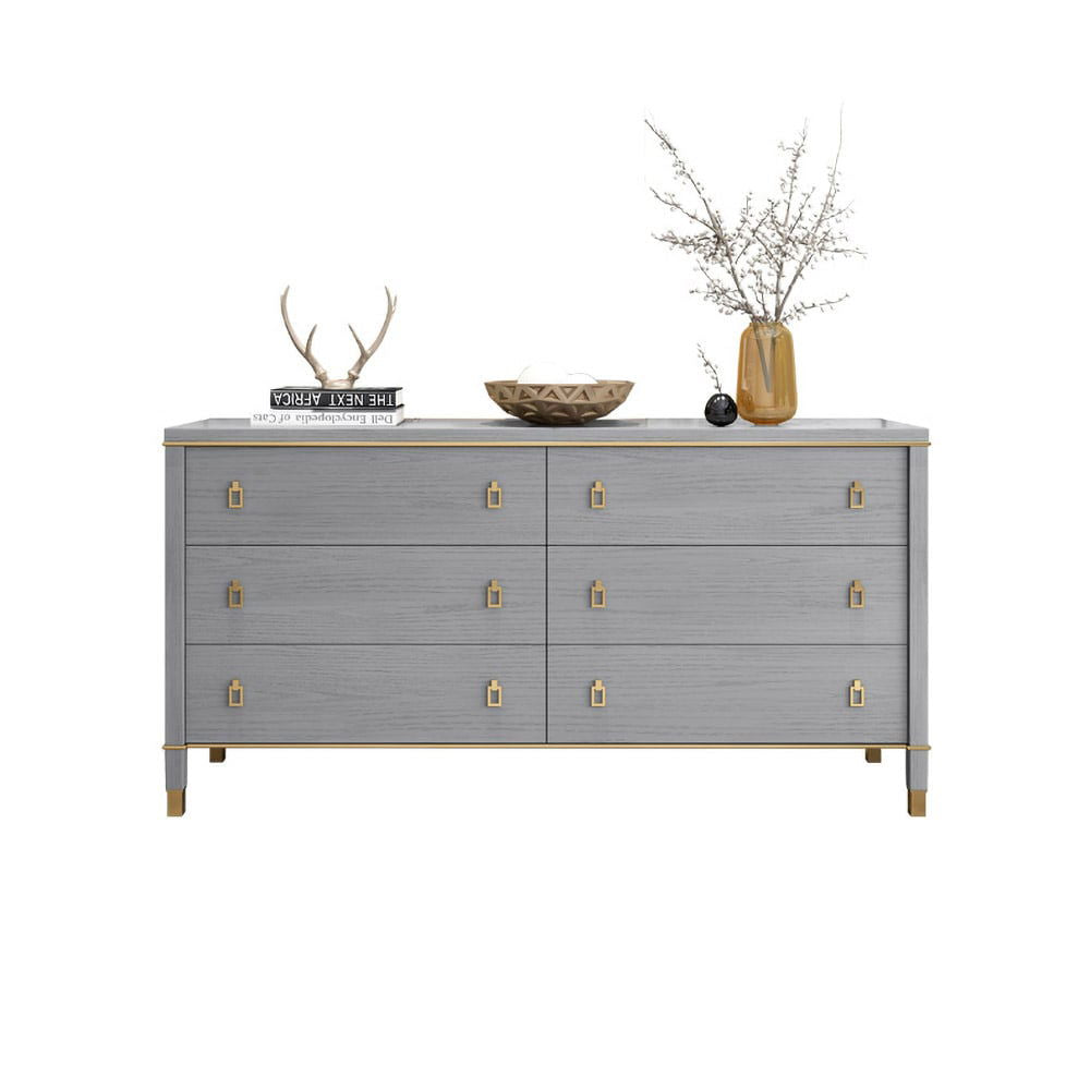 Modern Gray Dresser Chest of 6 Drawers Cabinet in Gold - 