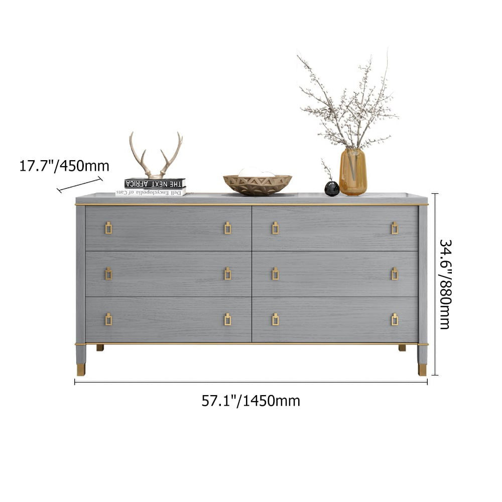 Modern Gray Dresser Chest of 6 Drawers Cabinet in Gold - 