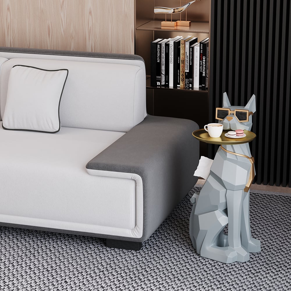 Modern Gray Sculpture Side Table with Tray Shelves Cute Grayhound End Table in Resin - 