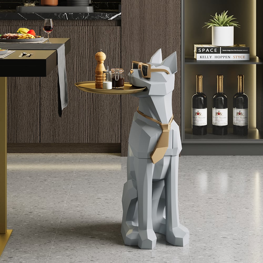 Modern Gray Sculpture Side Table with Tray Shelves Cute Grayhound End Table in Resin - 