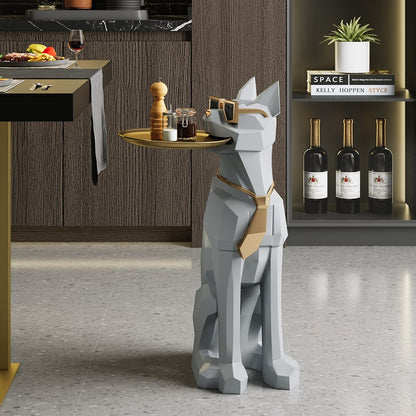 Modern Gray Sculpture Side Table with Tray Shelves Cute Grayhound End Table in Resin - 