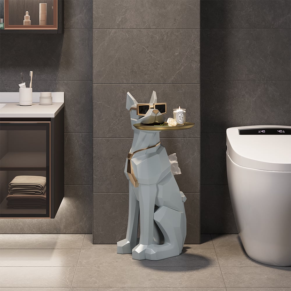 Modern Gray Sculpture Side Table with Tray Shelves Cute Grayhound End Table in Resin - 