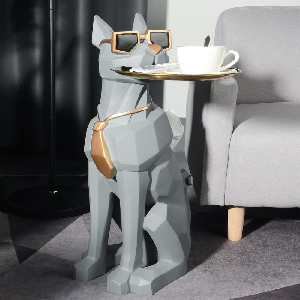 Modern Gray Sculpture Side Table with Tray Shelves Cute Grayhound End Table in Resin - Homary