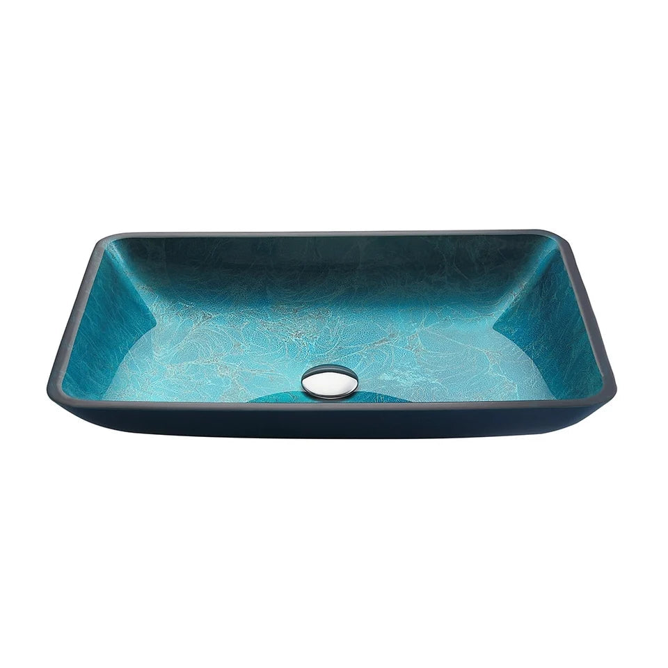 Modern Greenish-Blue Rectangular Countertop Tempered Glass Bathroom Wash Basin - 