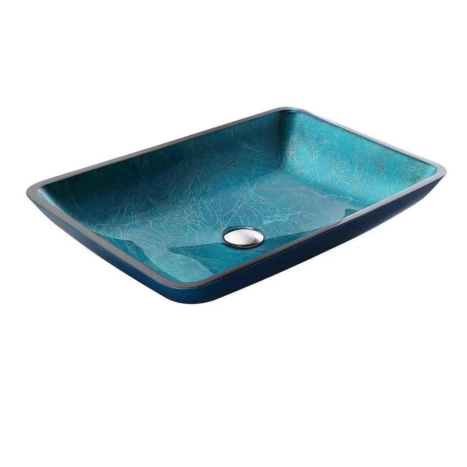 Modern Greenish-Blue Rectangular Countertop Tempered Glass Bathroom Wash Basin - 