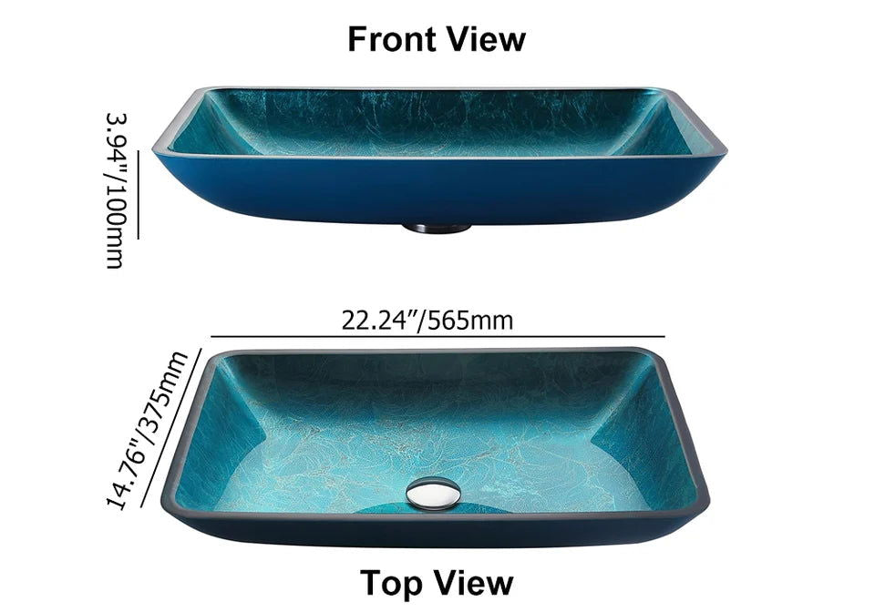 Modern Greenish-Blue Rectangular Countertop Tempered Glass Bathroom Wash Basin - 