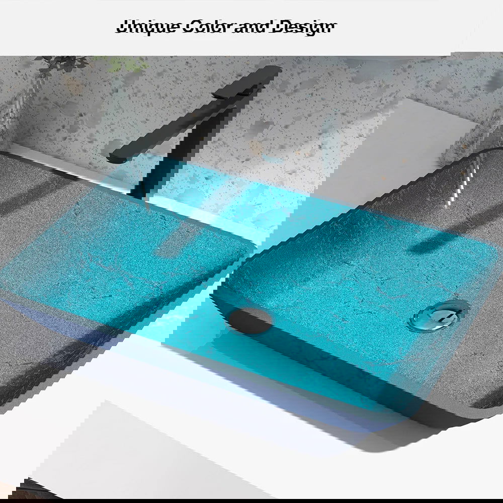 Modern Greenish-Blue Rectangular Countertop Tempered Glass Bathroom Wash Basin - 