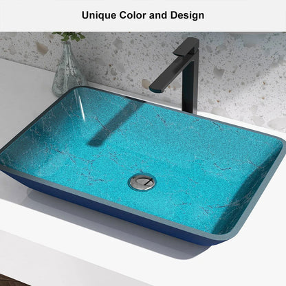 Modern Greenish-Blue Rectangular Countertop Tempered Glass Bathroom Wash Basin - 
