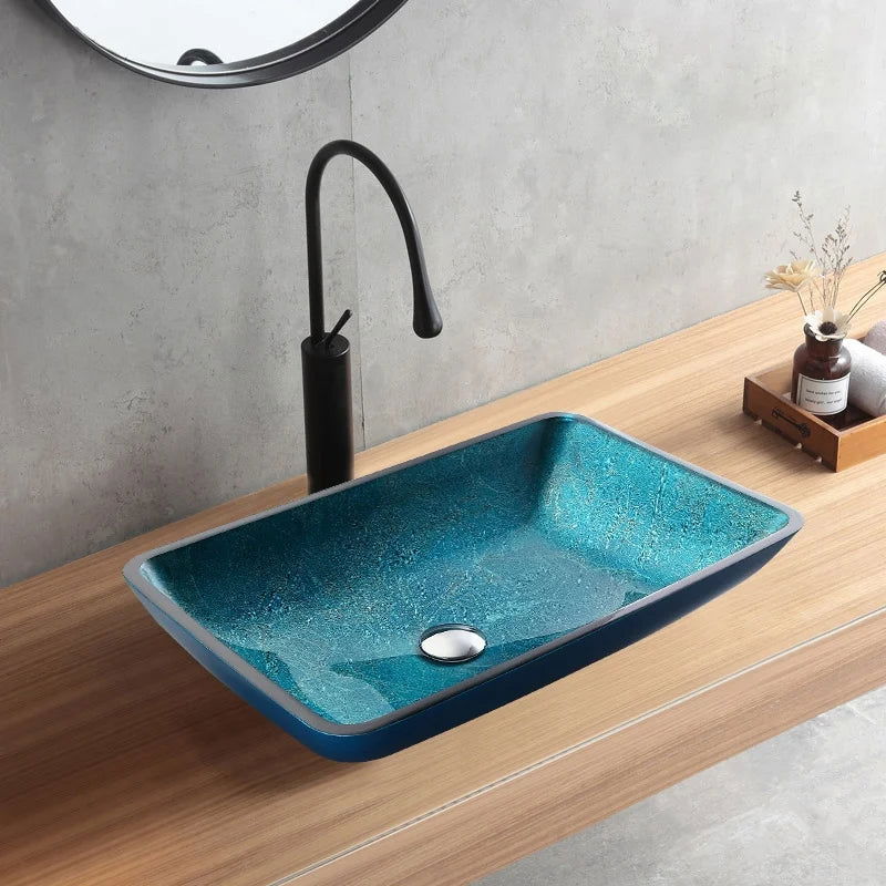 Modern Greenish-Blue Rectangular Countertop Tempered Glass Bathroom Wash Basin - 