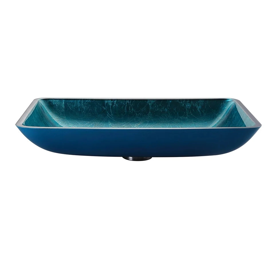Modern Greenish-Blue Rectangular Countertop Tempered Glass Bathroom Wash Basin - 