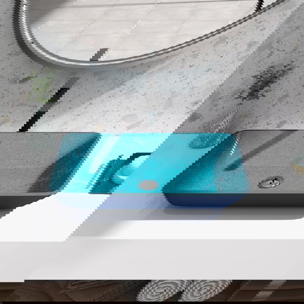 Modern Greenish-Blue Rectangular Countertop Tempered Glass Bathroom Wash Basin - 