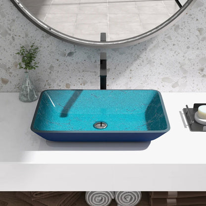 Modern Greenish-Blue Rectangular Countertop Tempered Glass Bathroom Wash Basin - 