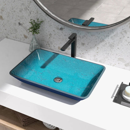 Modern Greenish-Blue Rectangular Countertop Tempered Glass Bathroom Wash Basin - 