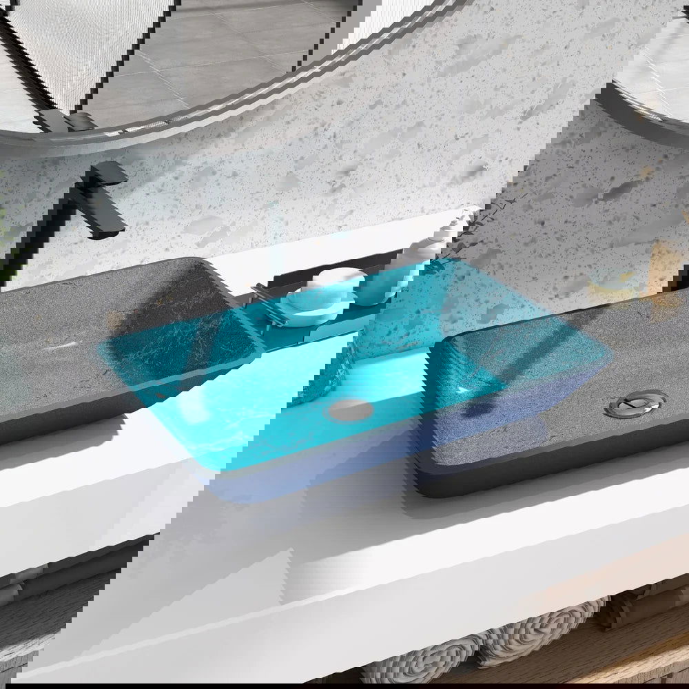 Modern Greenish-Blue Rectangular Countertop Tempered Glass Bathroom Wash Basin - Homary