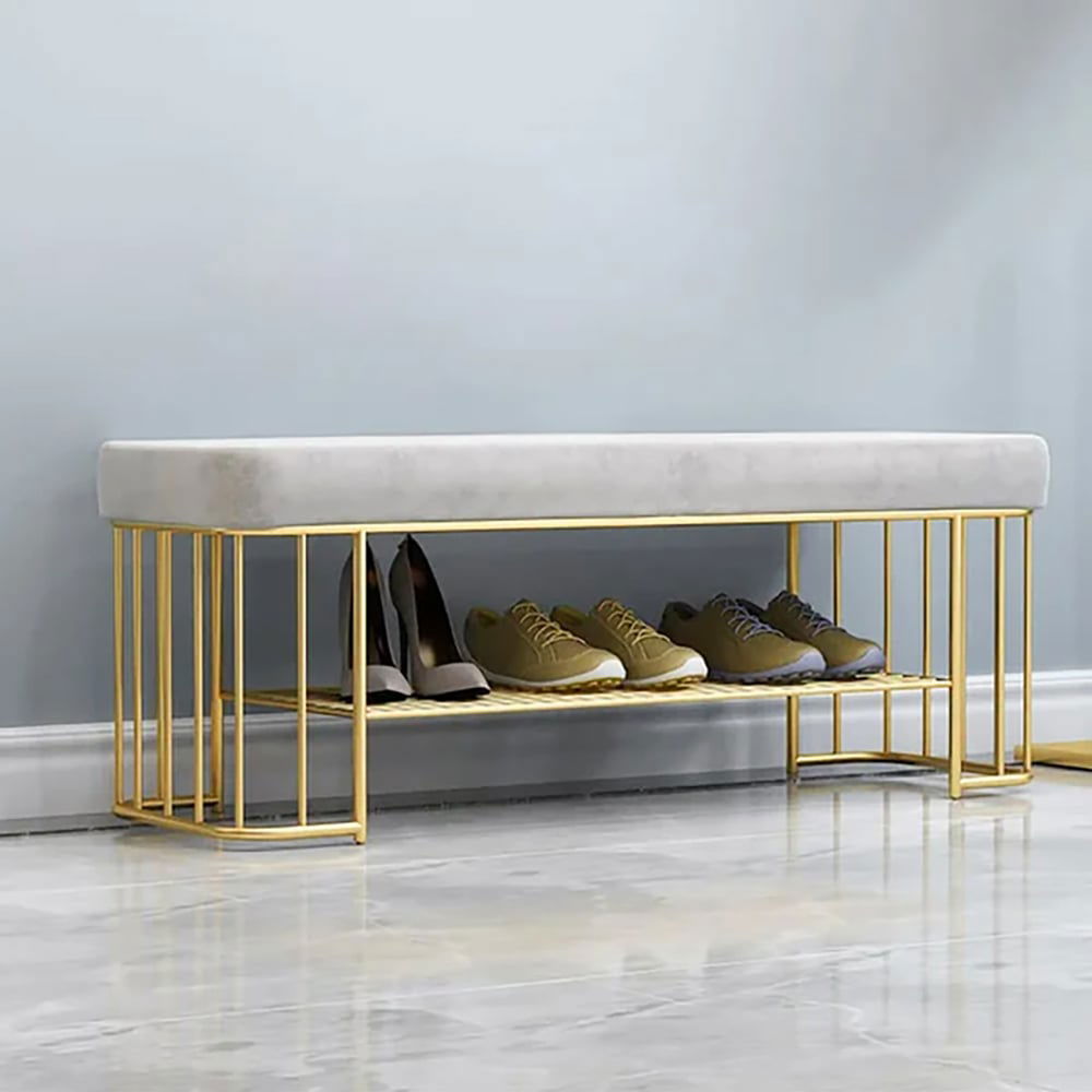 Modern Grey Hallway Bench with Shoe Storage Velvet Upholstered with Gold Frame and Shelf - 